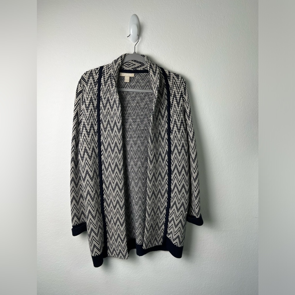 Banana Republic Navy & White Italian Wool Yarn Open Front Shawl Collar Cardigan